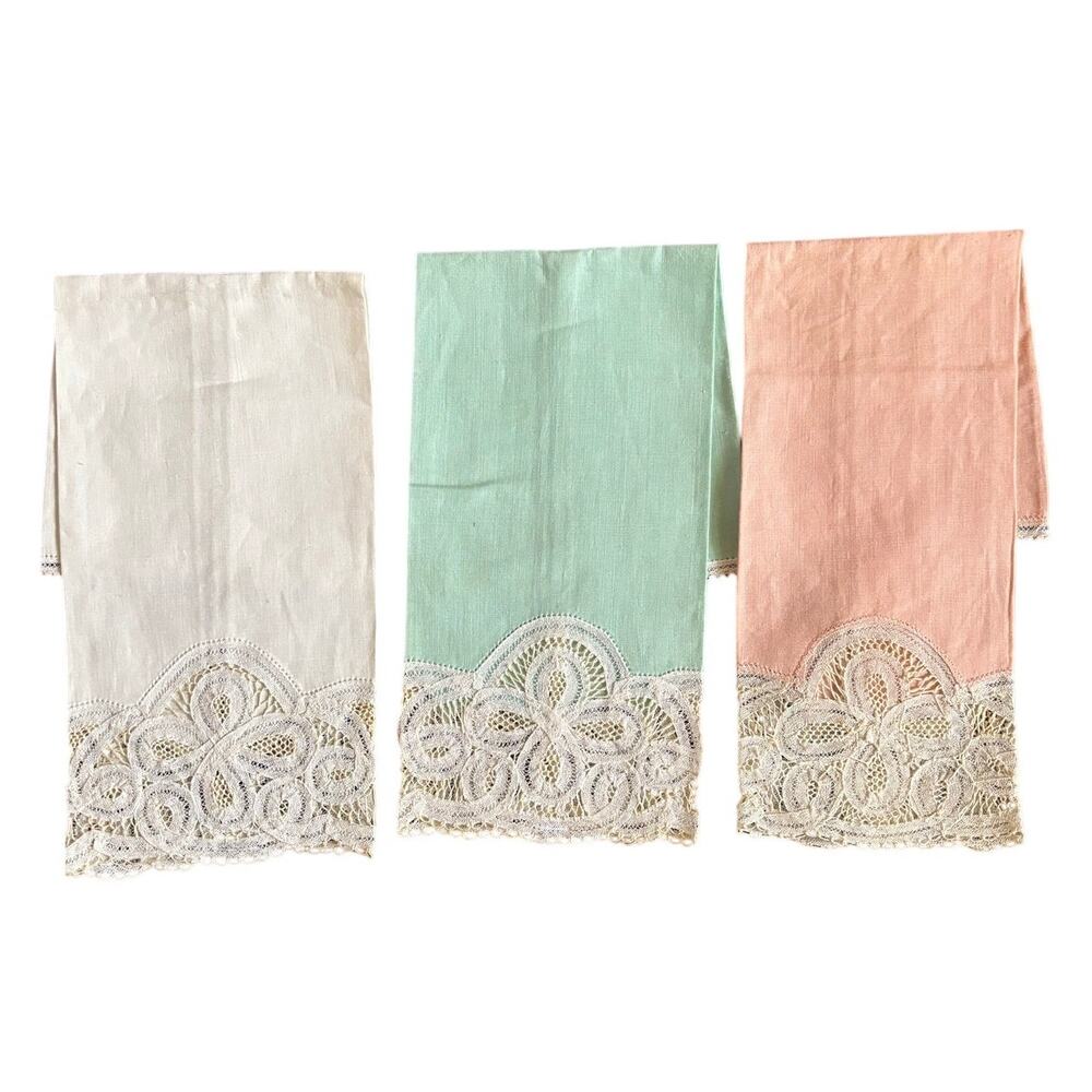 Antique Set of 3 Tape Lace Dinner Napkins Cotton Pastel Green Pink White 17"